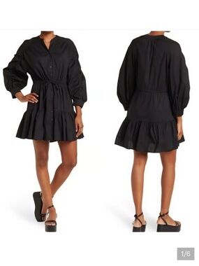 Astr the label Black Cotton Mini Dress with Ruched Sleeves